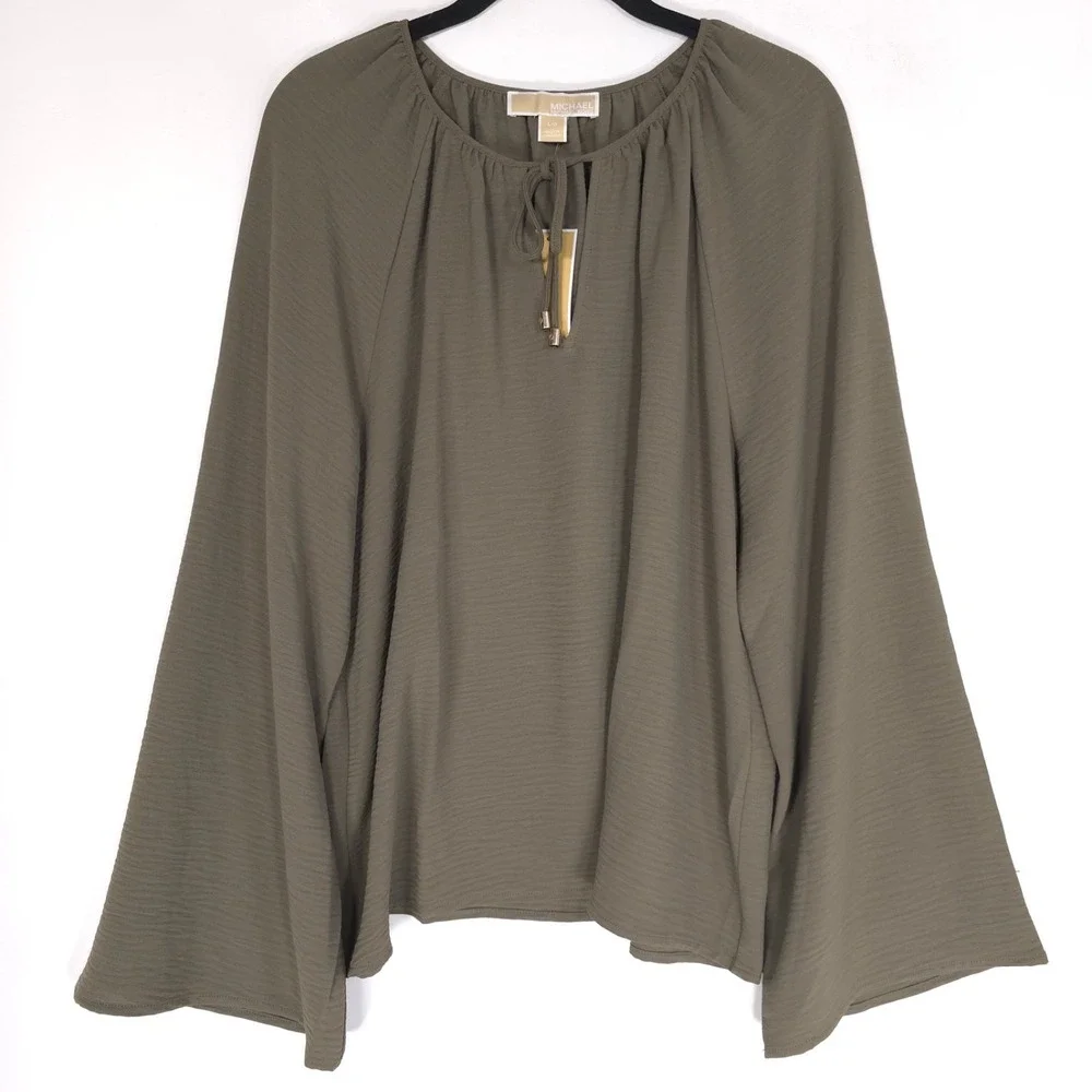 MICHAEL KORS Women's New Top Blouse LARGE Olive Bell Sleeve Casual QS540USDQ0